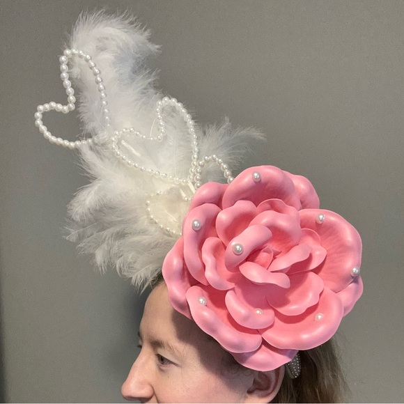 Accessories - Pink Rose White Feather Pearl Heart Headband Fascinator for Derby Oaks Tea Party